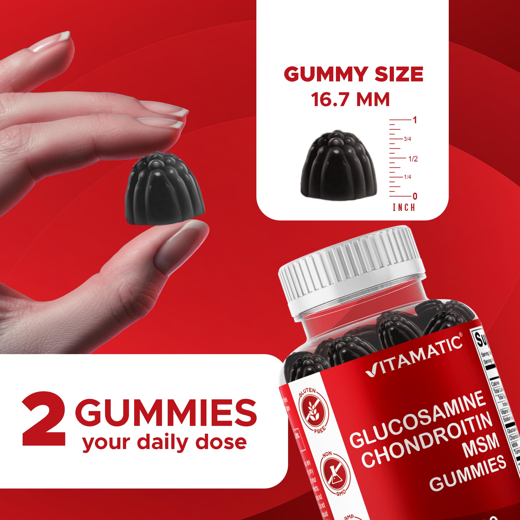 Gomitas Vitamatic en la mano para comparar tamaño y facilidad de consumo