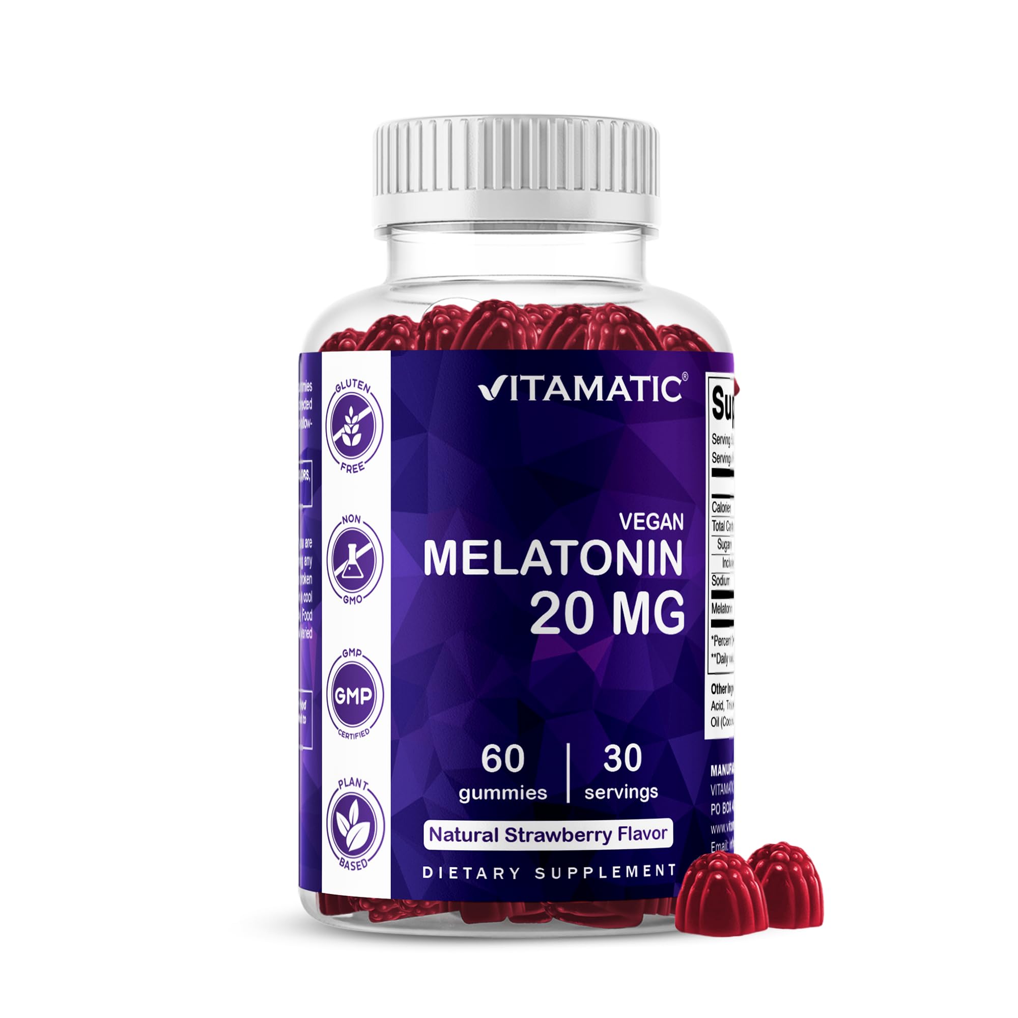 Vitamatic frontal del envase que muestra 60 gomitas y beneficio de uso fácil