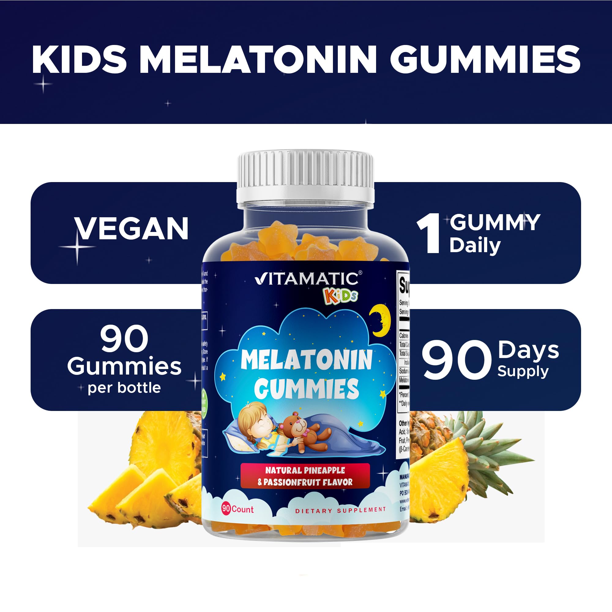 Vitamatic gomitas sobre superficie con frutas piña y maracuyá enfatizando sabor natural