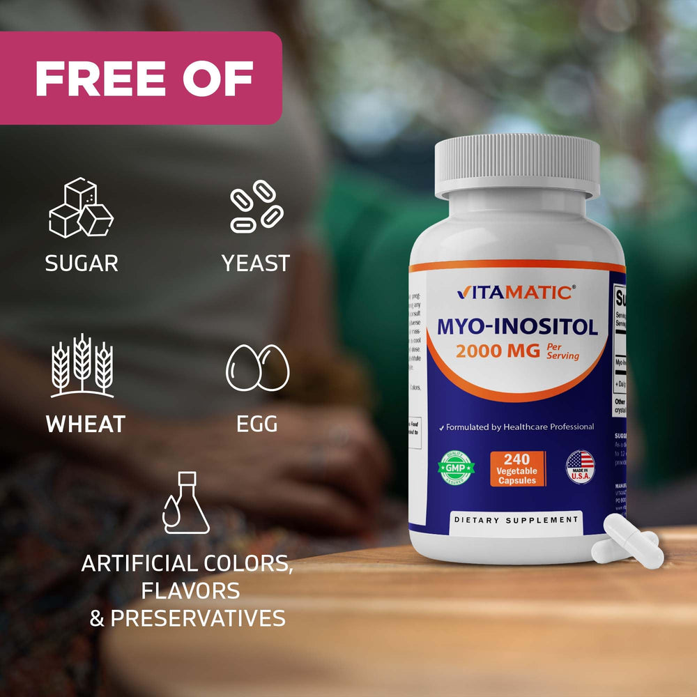 Vitamatic Myo-Inositol en polvo ilustrando ingrediente principal puro