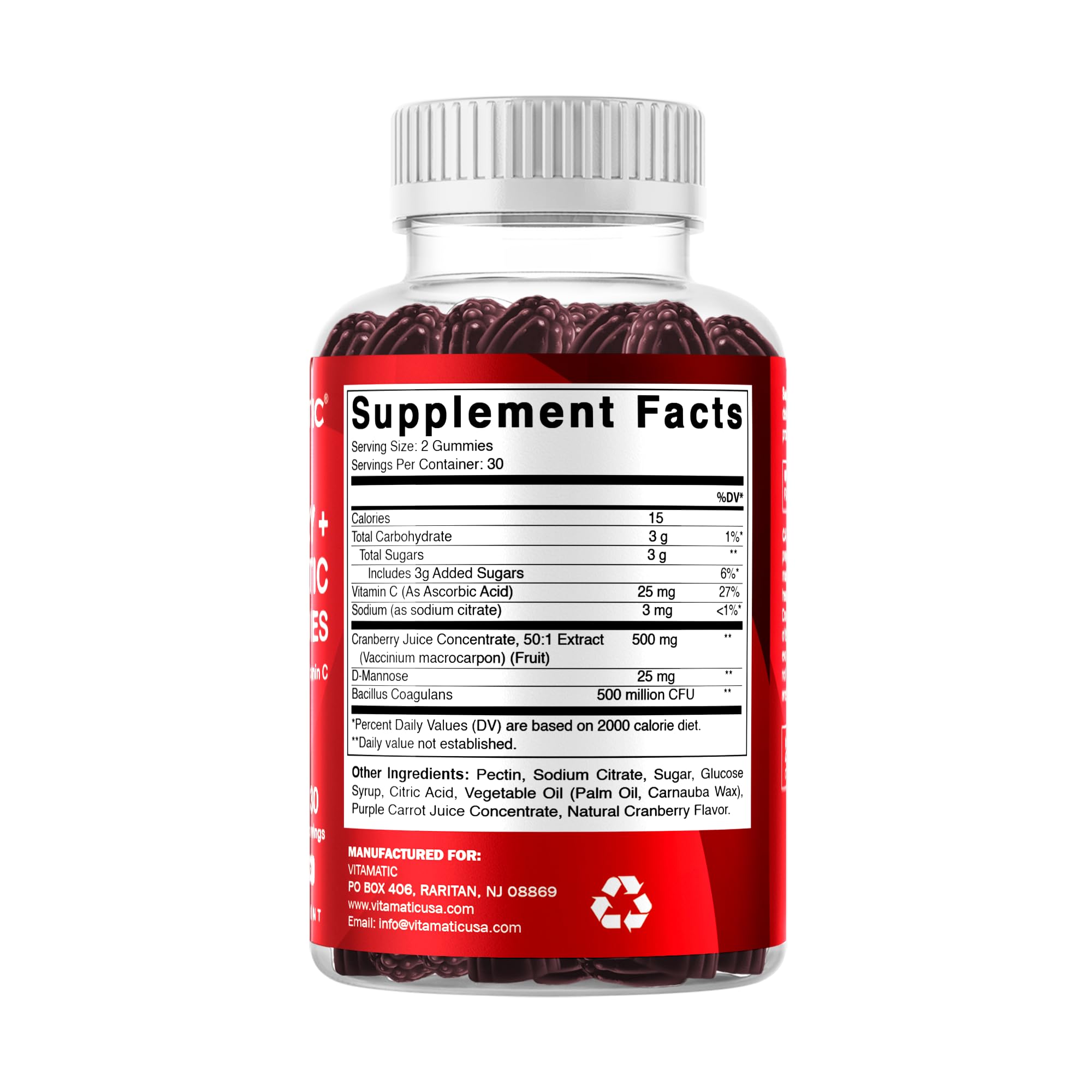 Vitamatic arándanos y D‑Mannose representados como ingredientes naturales