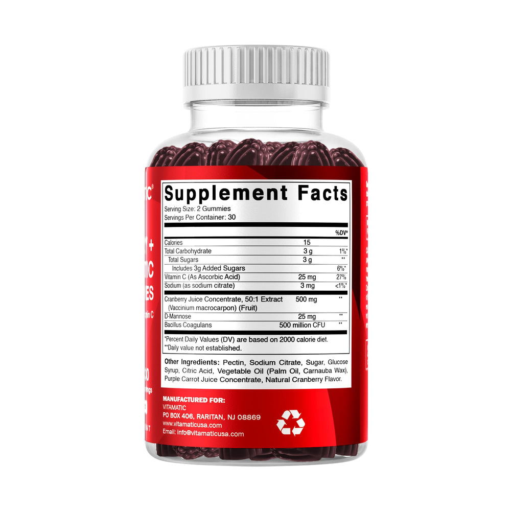 Vitamatic arándanos y D‑Mannose representados como ingredientes naturales