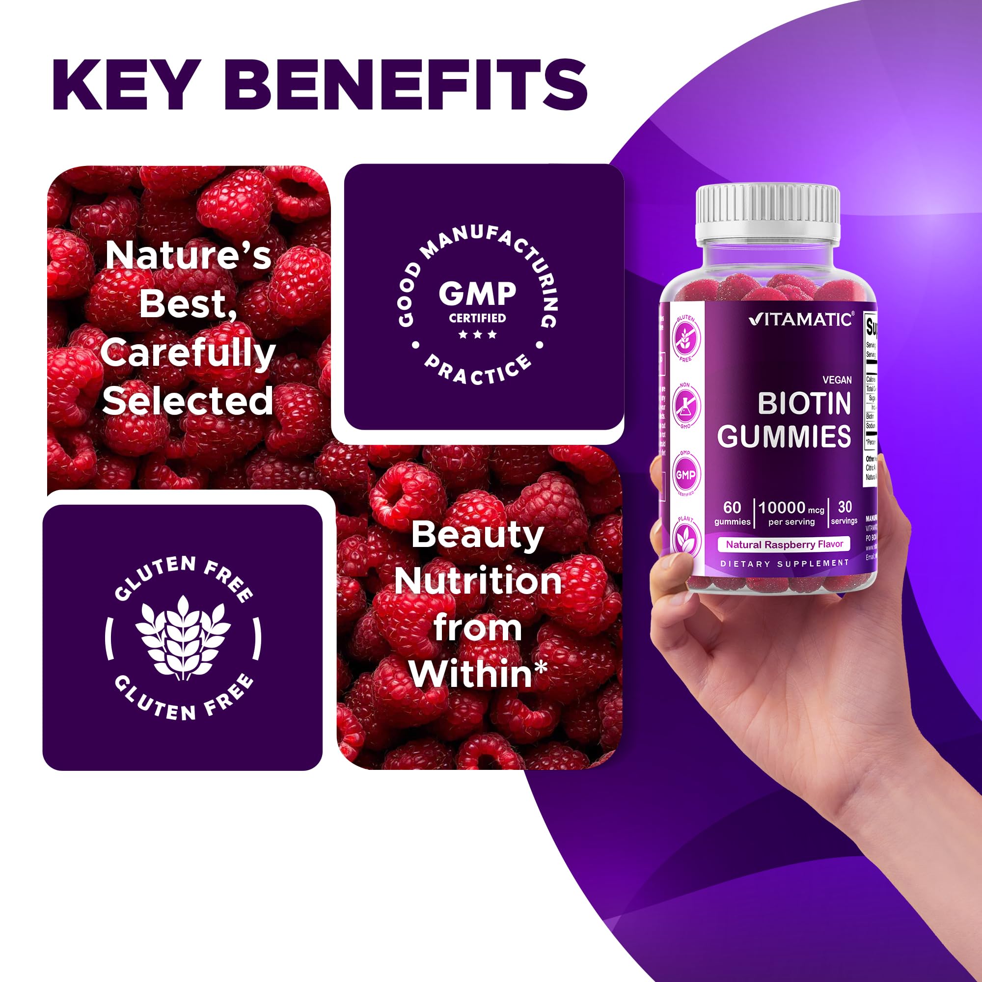Vitamatic ingredientes pectina y frambuesa resaltando fórmula vegana