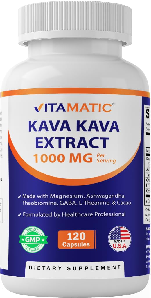 Vitamatic botella frontal mostrando fórmula kava y beneficios claros