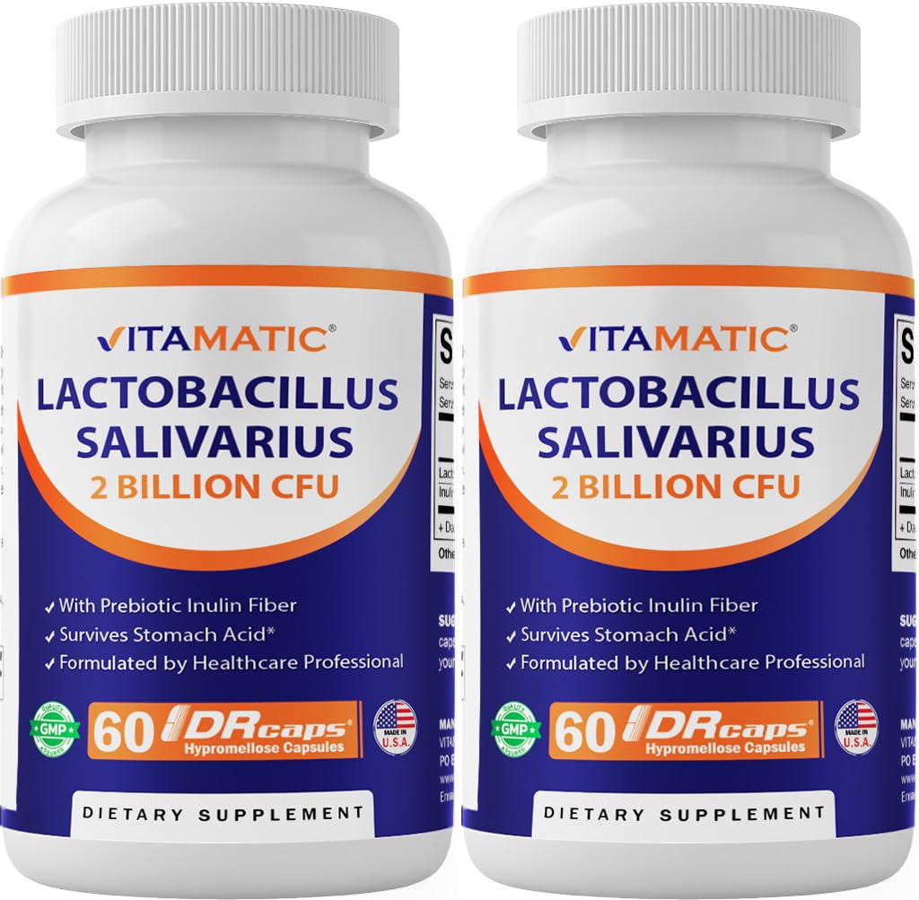 Vitamatic Lactobacillus Salivarius, botella de 60 cápsulas para apoyo digestivo diario.