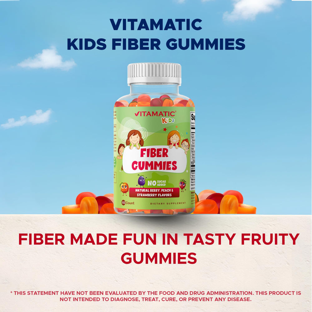 Niños sonrientes con Vitamatic, gomitas prebióticas para hábitos de merienda.