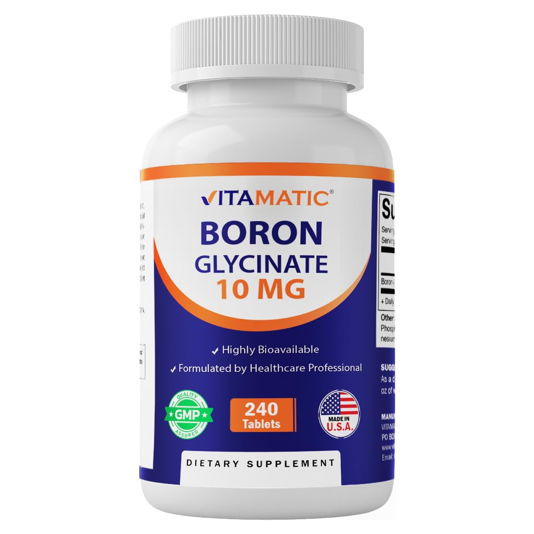 Vitamatic frasco frontal de Boron 10 mg mostrando etiqueta clara y beneficios