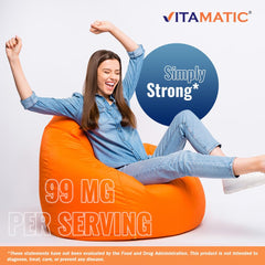 Vitamatic tableta junto a un vaso de agua lista para tomar, sugiere uso diario sencillo