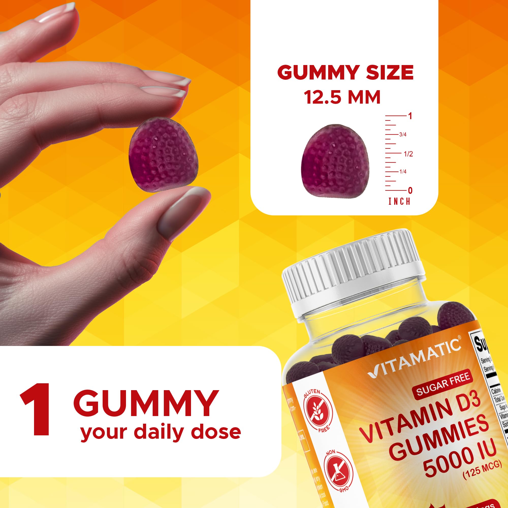Vitamatic textura de la gomita en primer plano, sabor natural identifcado