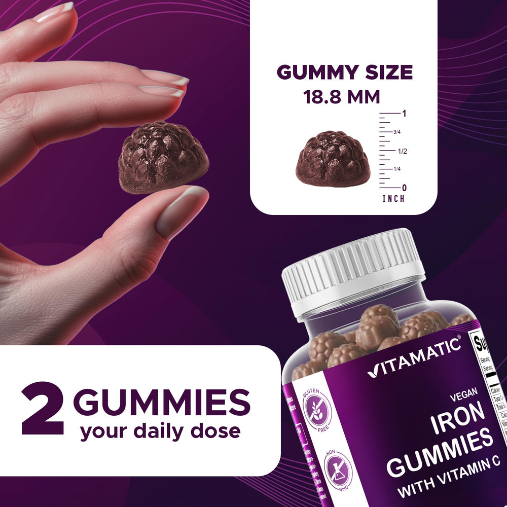 Vitamatic mano sosteniendo una gomita para mostrar la porción y comodidad de consumo