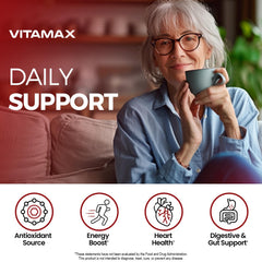 Vitamax cápsula abierta mostrando polvo, textura fina para fácil ingestión