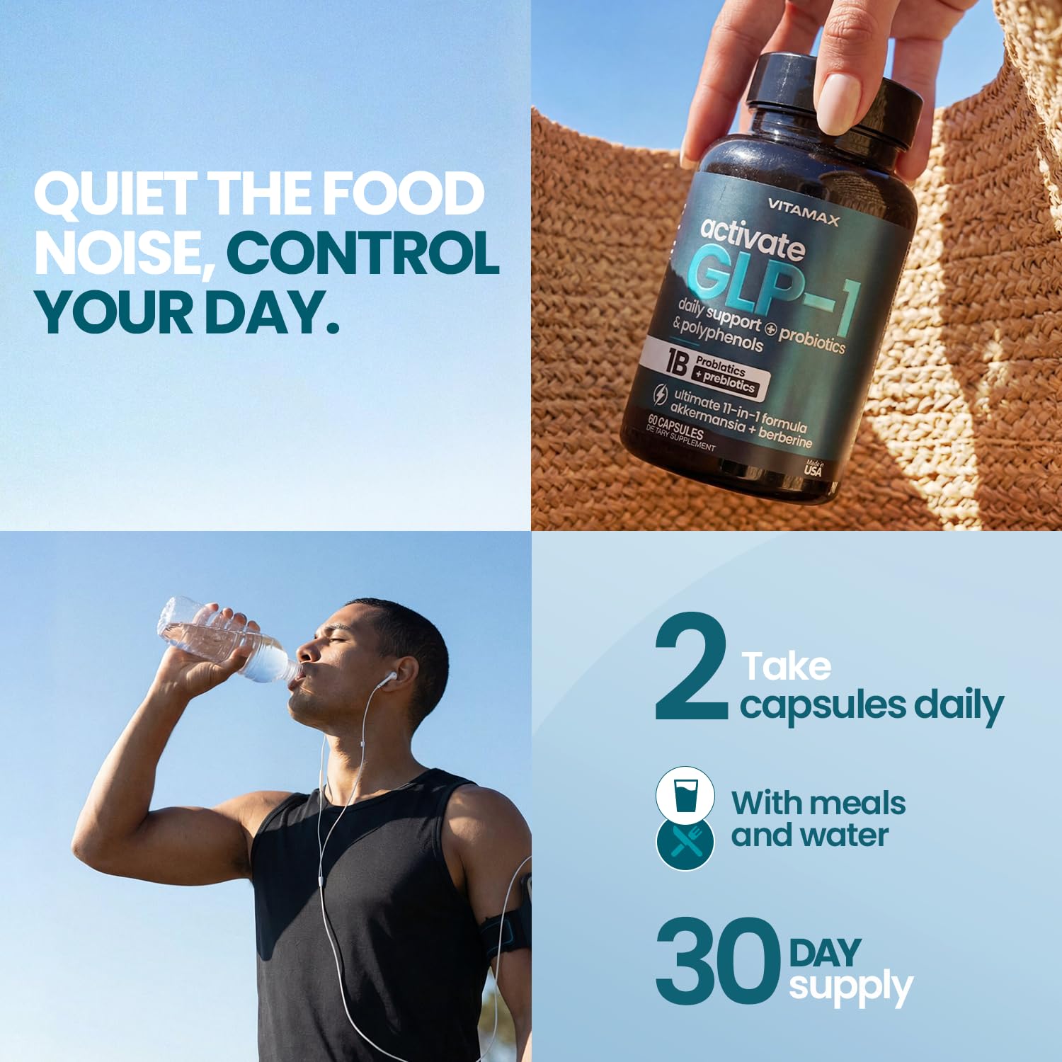 Vitamax cápsulas junto a hojas de té verde que sugieren metabolismo