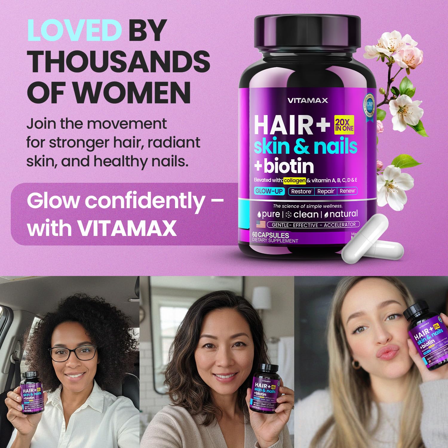 Vitamax etiqueta con ingredientes resaltando biotina y colágeno