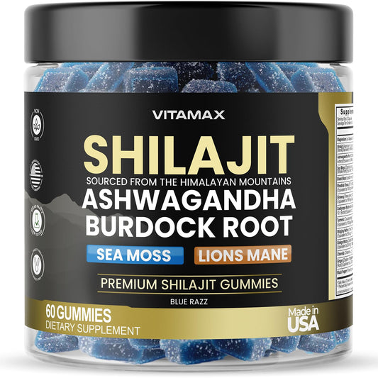 Vitamax frasco frontal Pure Shilajit Gummies mostrando presentación y beneficio práctico