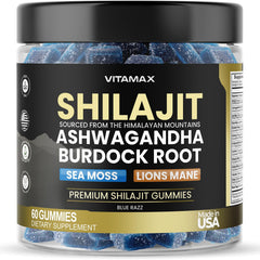 Vitamax frasco frontal Pure Shilajit Gummies mostrando presentación y beneficio práctico