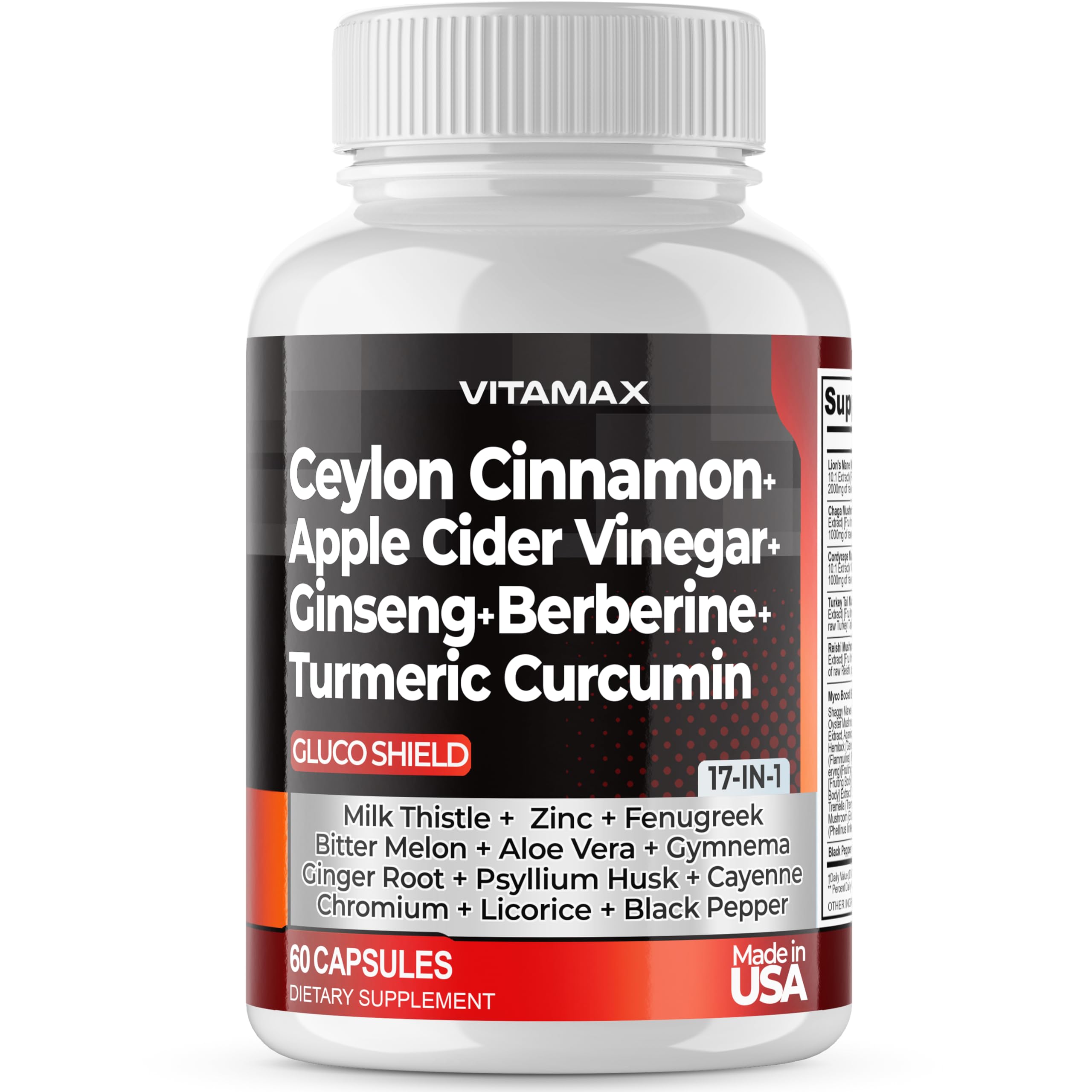 Vitamax envase frontal con canela y vinagre, claridad en ingredientes y beneficio práctico
