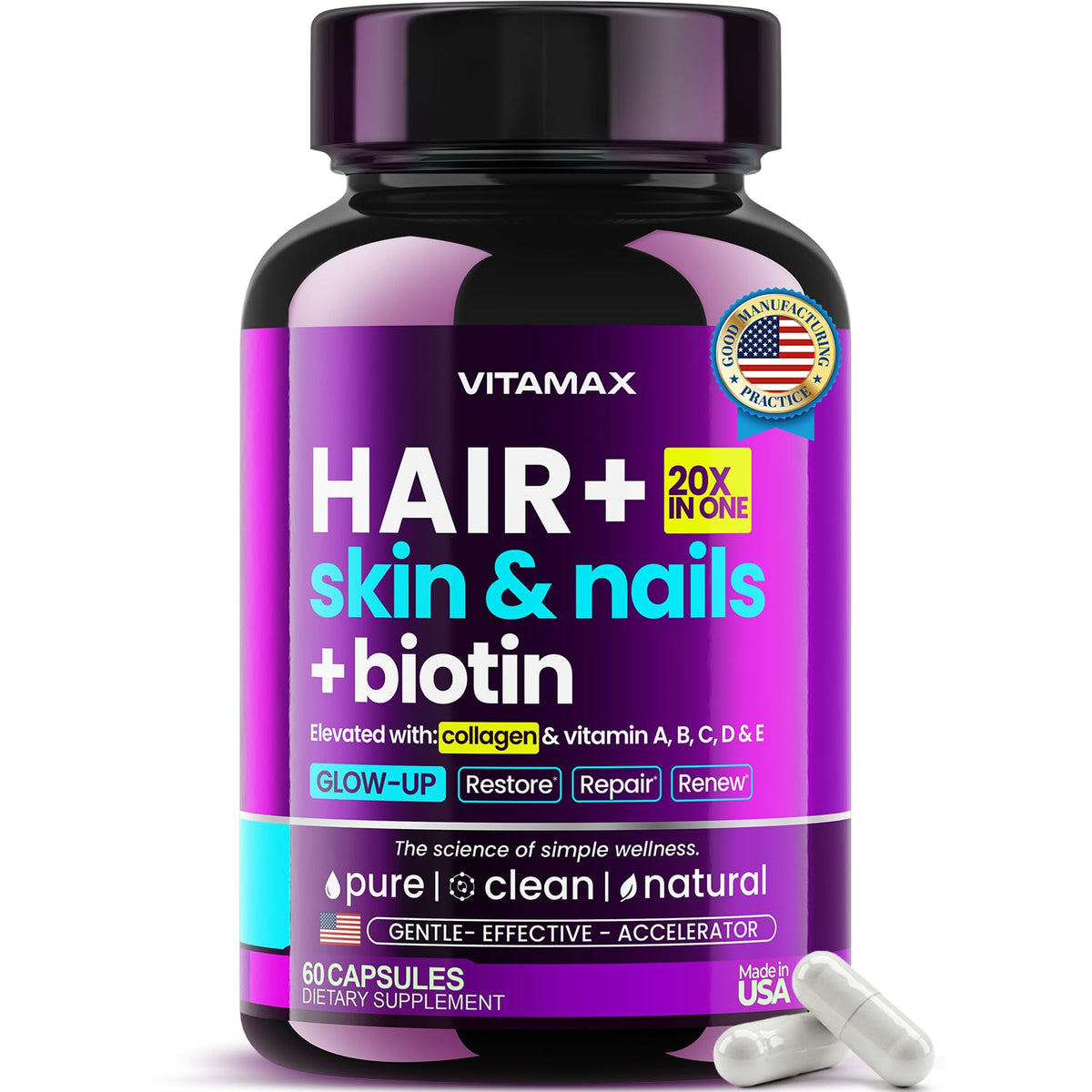 Vitamax vista frontal del envase que muestra fórmula para cabello y piel