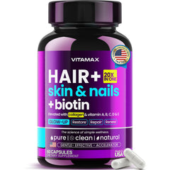 Vitamax vista frontal del envase que muestra fórmula para cabello y piel