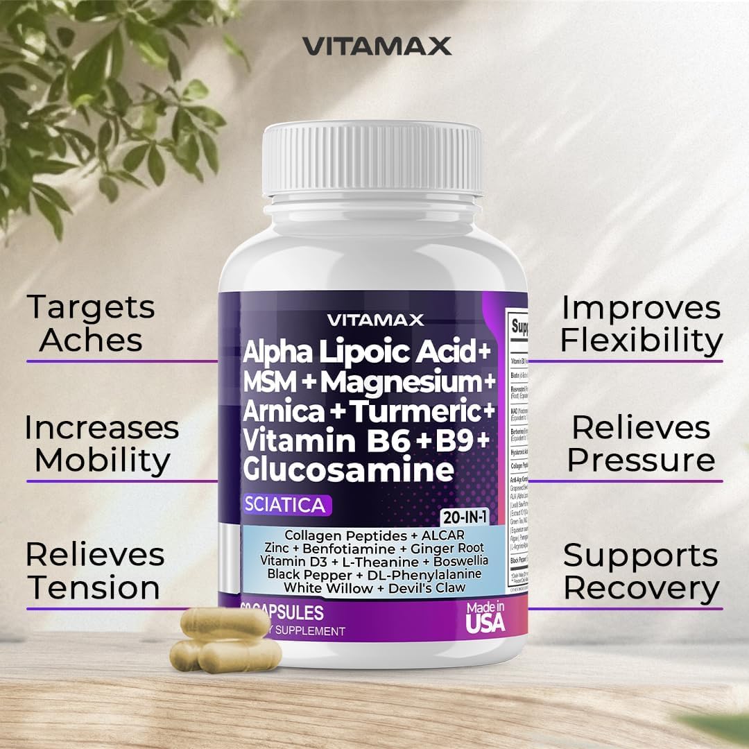 Frasco abierto con alfa-lipoico y otros ingredientes, Vitamax apoyo nervioso
