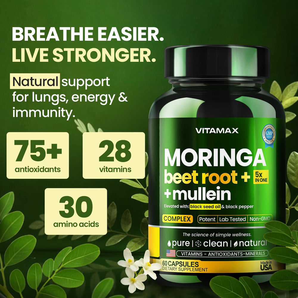 Vitamax polvo de moringa en textura cercana, mostrando pureza vegetal