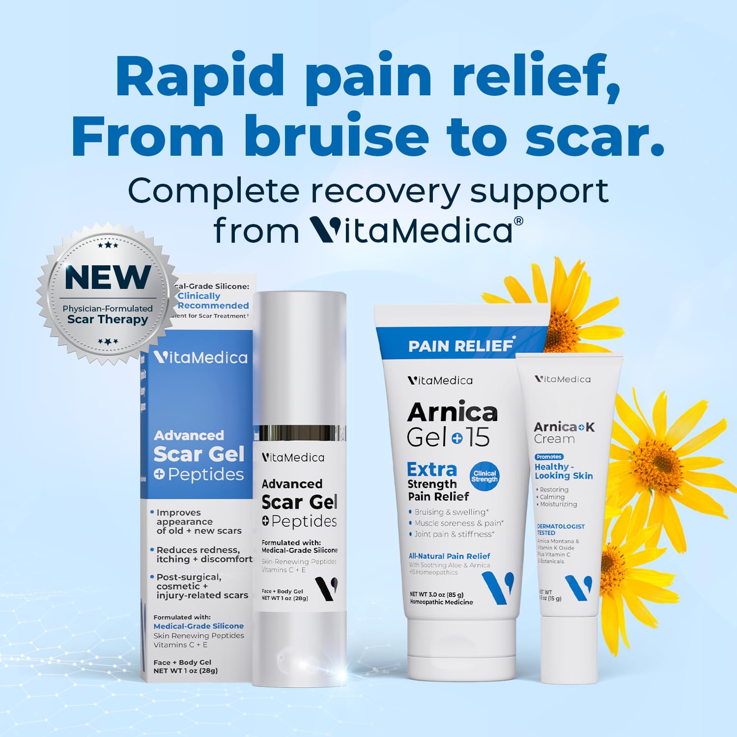 VitaMedica crema Arnica K junto a tabletas para apoyo interno y tópico