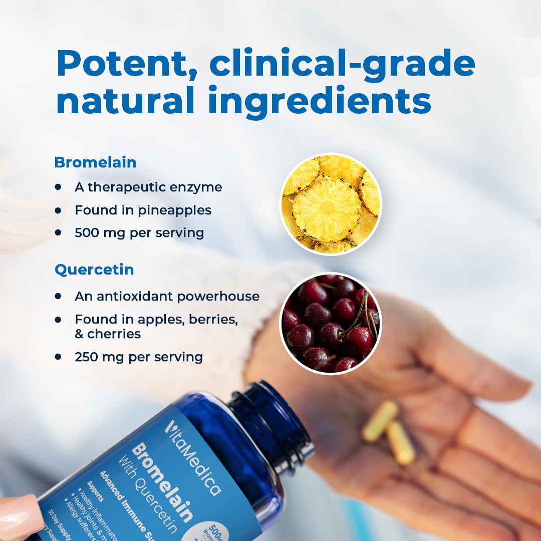VitaMedica etiqueta nutricional en detalle indicando bromelaína 2400 GDU y quercetina