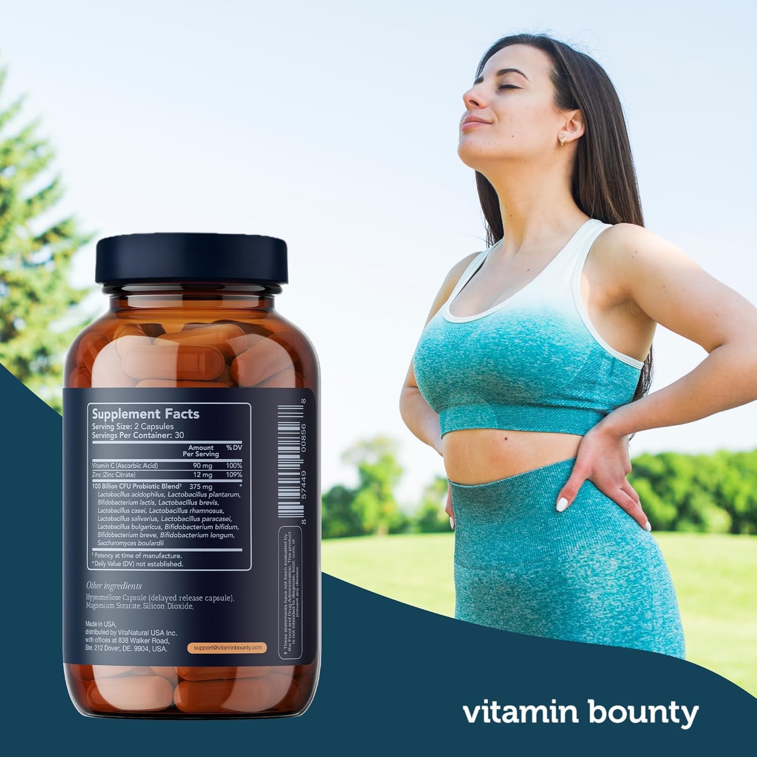Vitamin Bounty frasco en cocina indicando uso diario y almacenamiento sin refrigeración