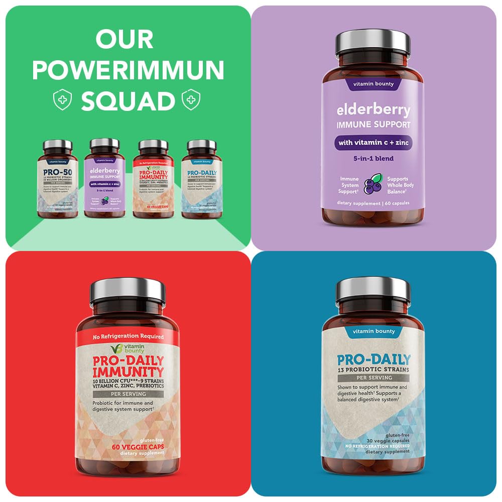 Vitamin Bounty en encimera de cocina con ingredientes verdes, sugiere estilo de vida saludable