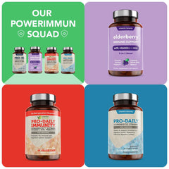 Vitamin Bounty en encimera de cocina con ingredientes verdes, sugiere estilo de vida saludable