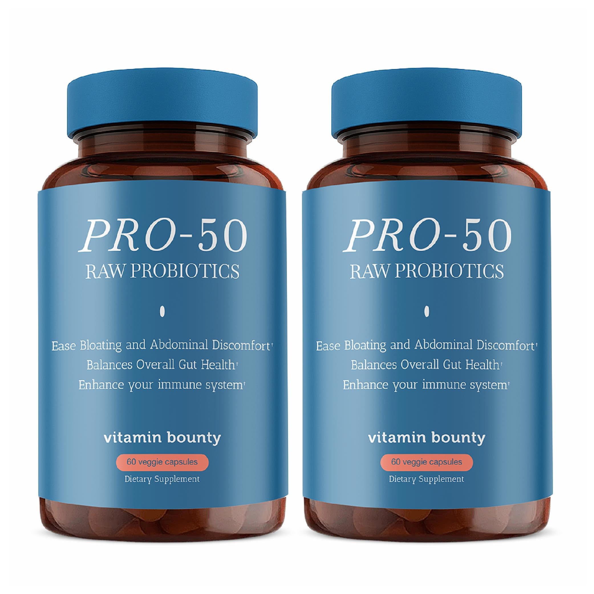 Vitamin Bounty frasco delantero mostrando etiqueta y 60 cápsulas, claro beneficio digestivo