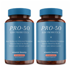 Vitamin Bounty frasco delantero mostrando etiqueta y 60 cápsulas, claro beneficio digestivo
