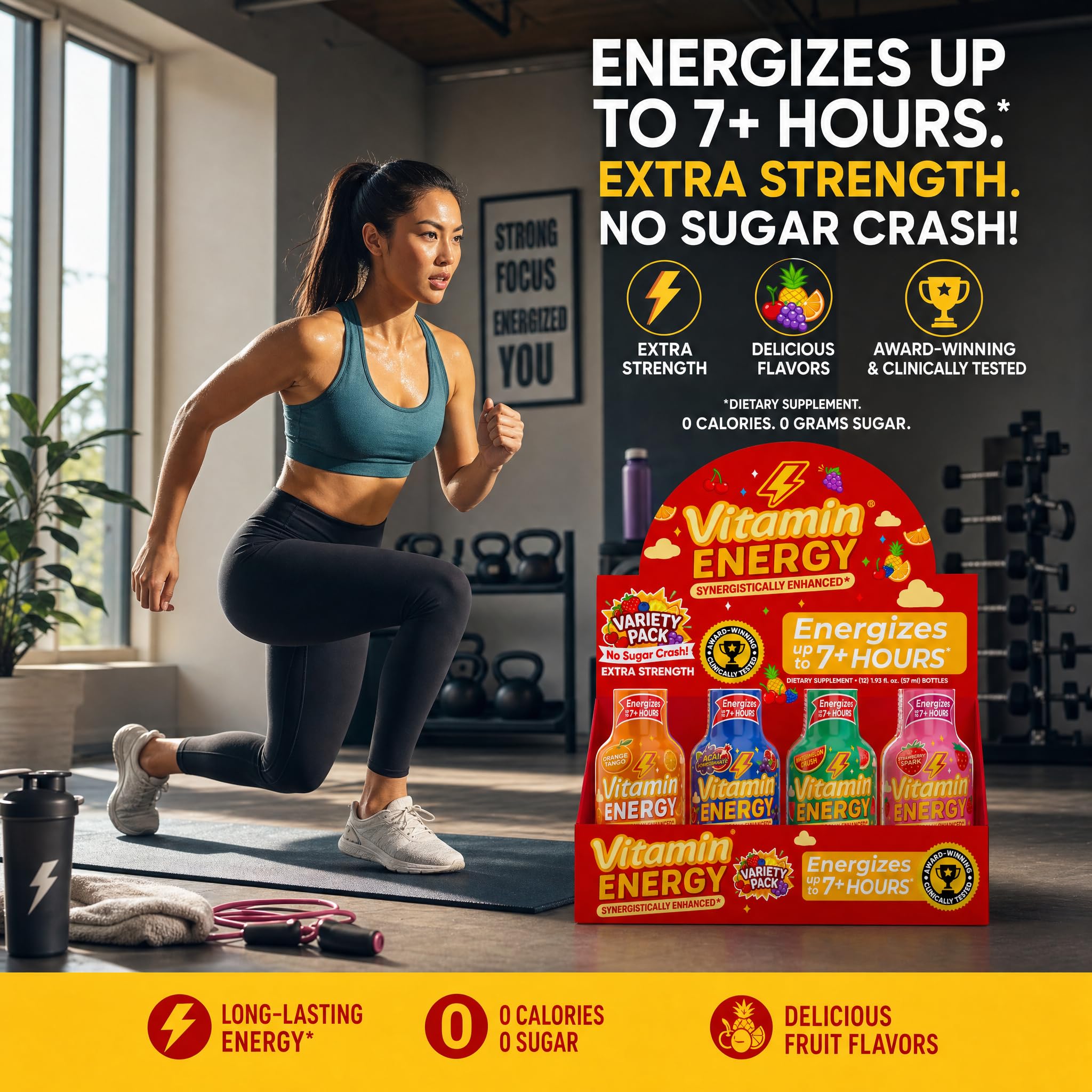 Vitamin Energy en uso escena de gimnasio mostrando energía portátil