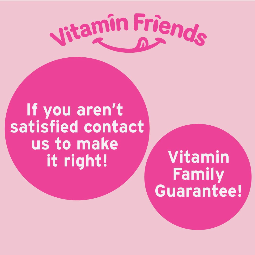 Empaque lateral Vitamin Friends con sellos vegano, libre de gluten y autism approved