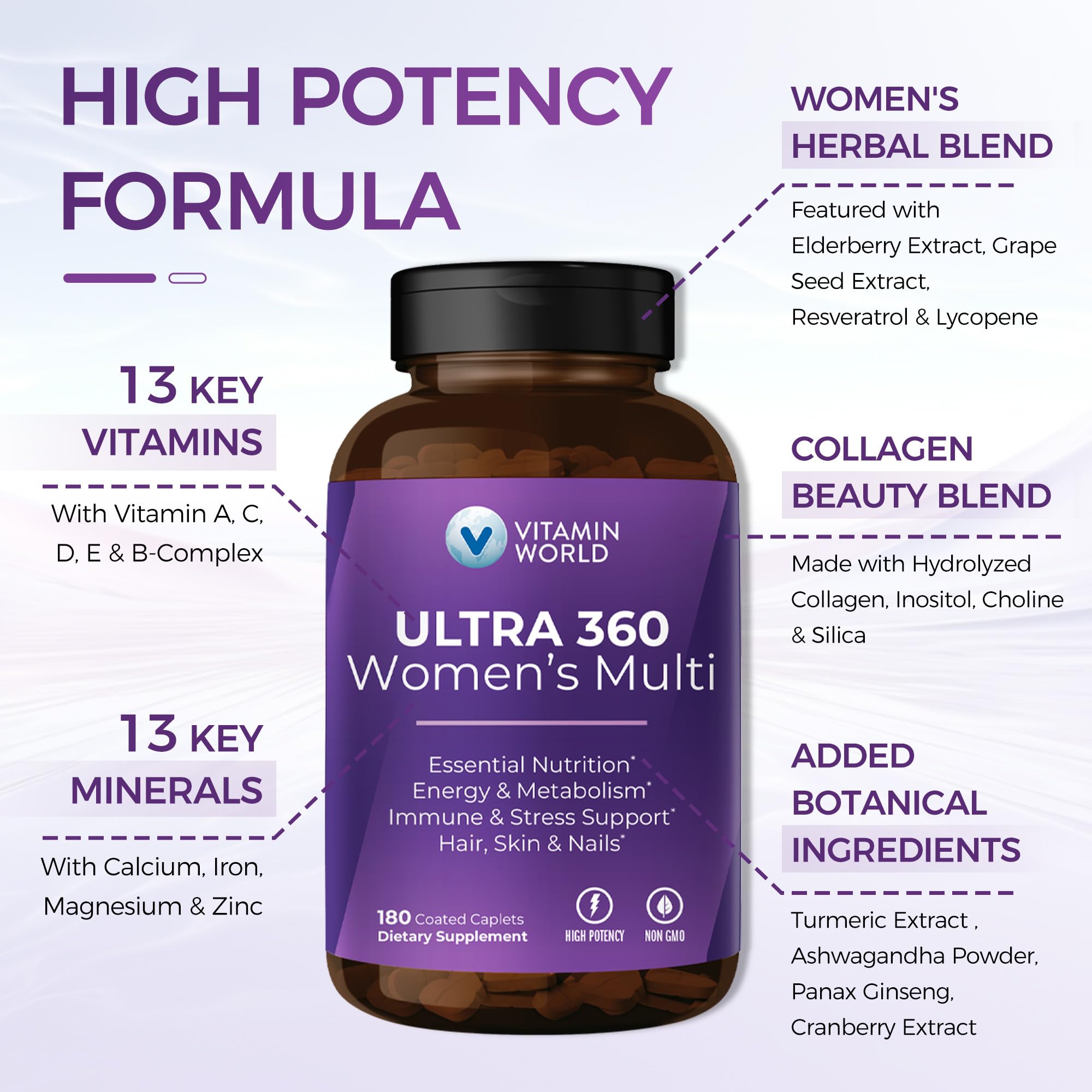 Vitamin World etiqueta con lista de ingredientes y certificaciones de calidad