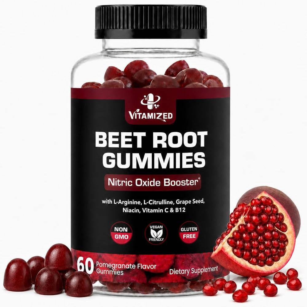 VITAMIZED envase frontal de Beet Root Gummies mostrando diseño y beneficios