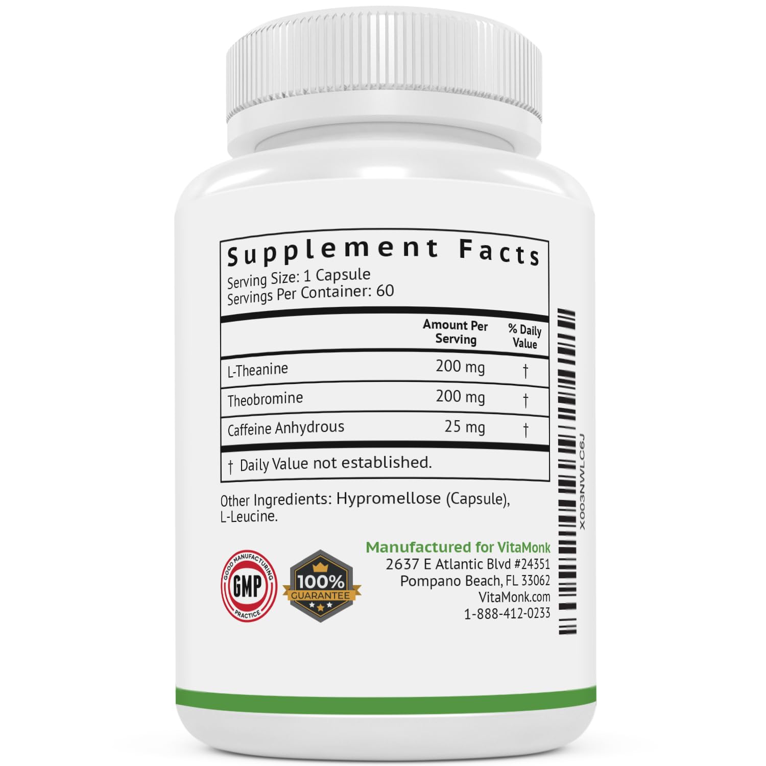 Detalle del listado de ingredientes L-teanina en paquete VitaMonk, naturales y puros