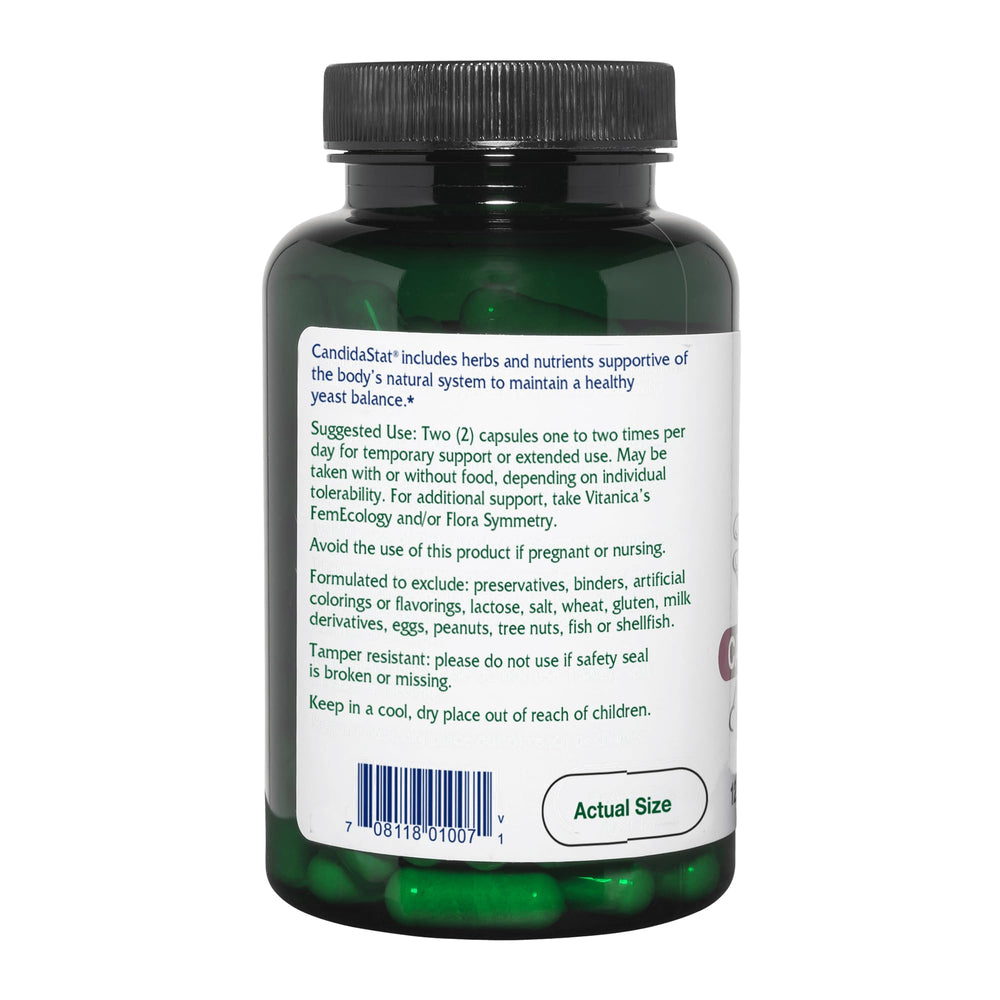 Vitanica Candidastat en uso junto a alimentos saludables para apoyo del microbioma