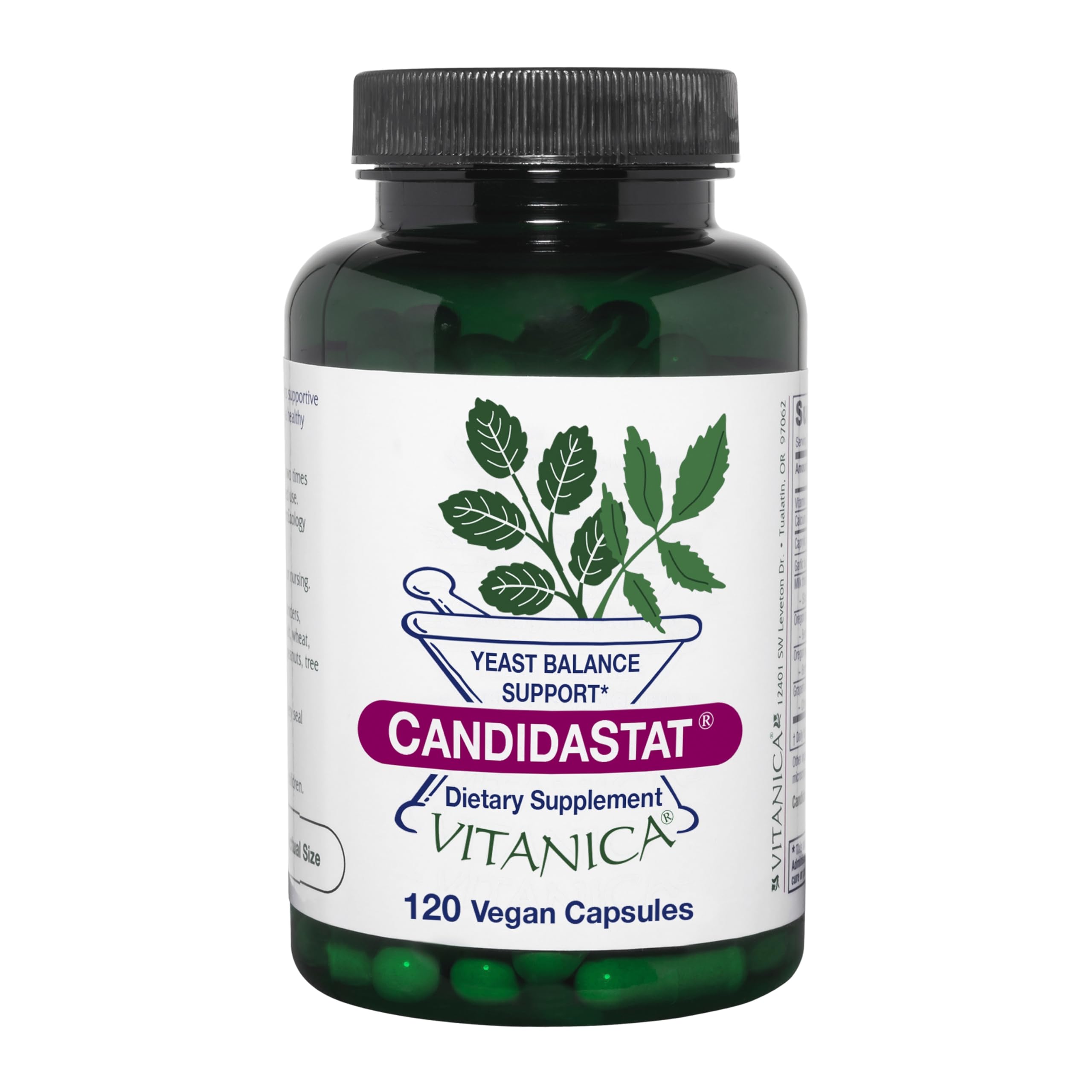 Vitanica Candidastat frente del envase mostrando 120 cápsulas para apoyo del equilibrio