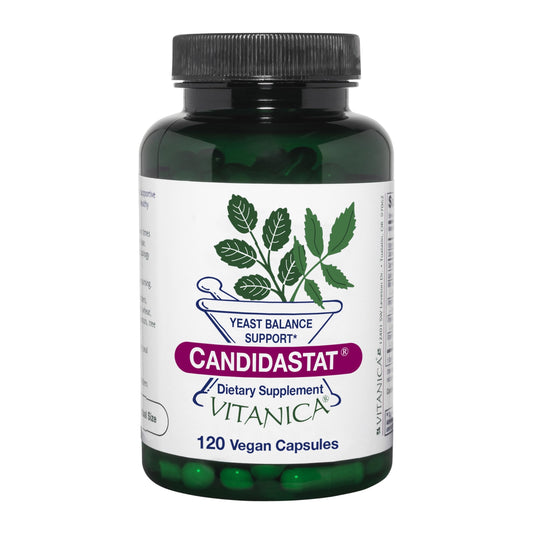 Vitanica Candidastat frente del envase mostrando 120 cápsulas para apoyo del equilibrio