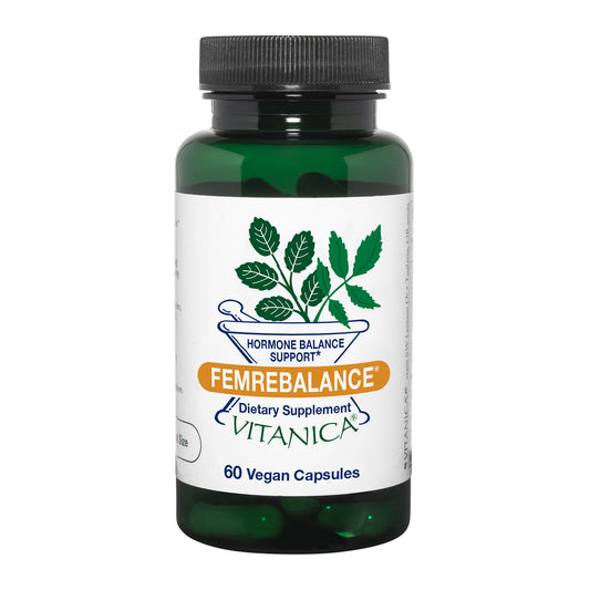 Vitanica FemRebalance: botella de cápsulas, posible apoyo al equilibrio hormonal.