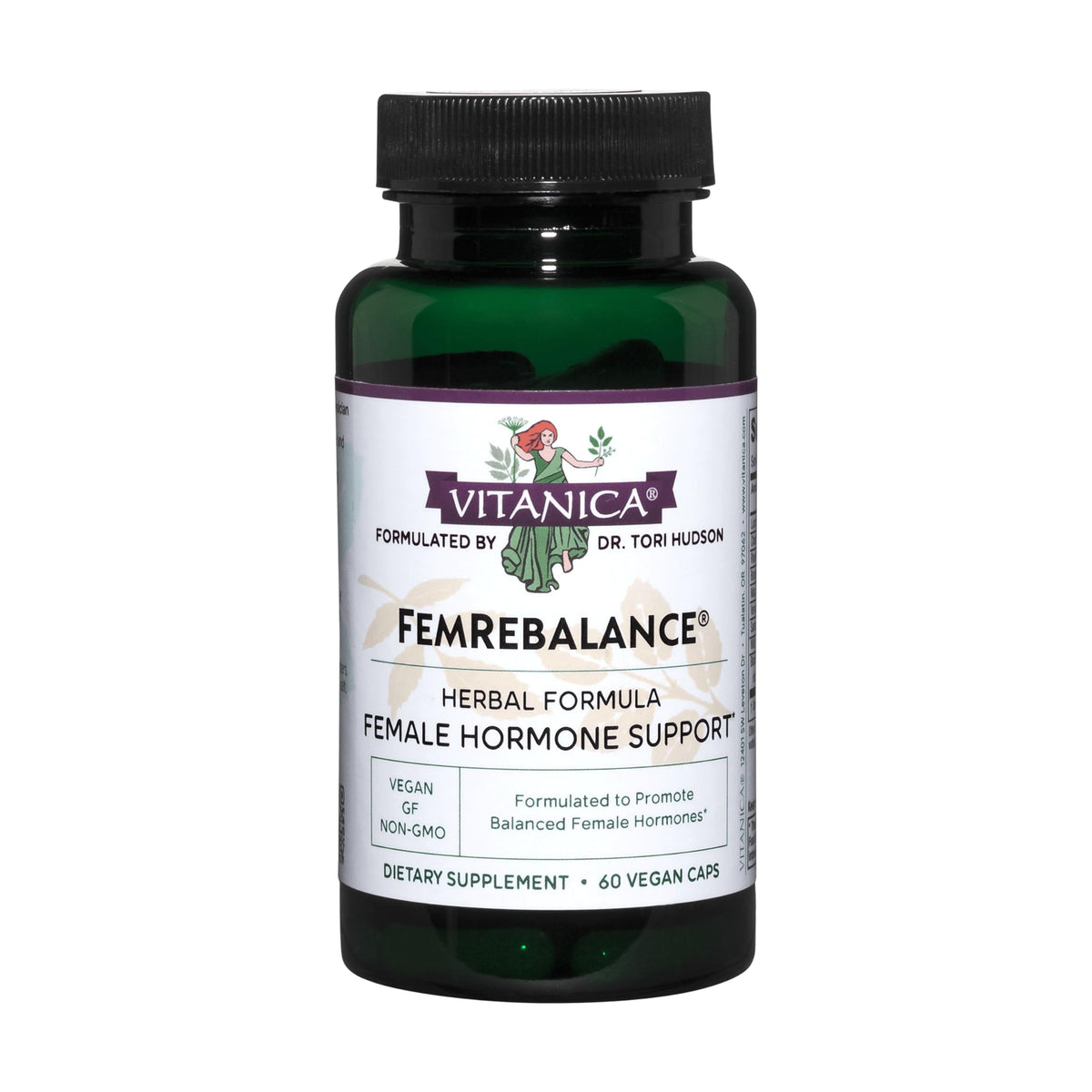 Vitanica FemRebalance: botella de cápsulas para apoyo al equilibrio hormonal femenino.
