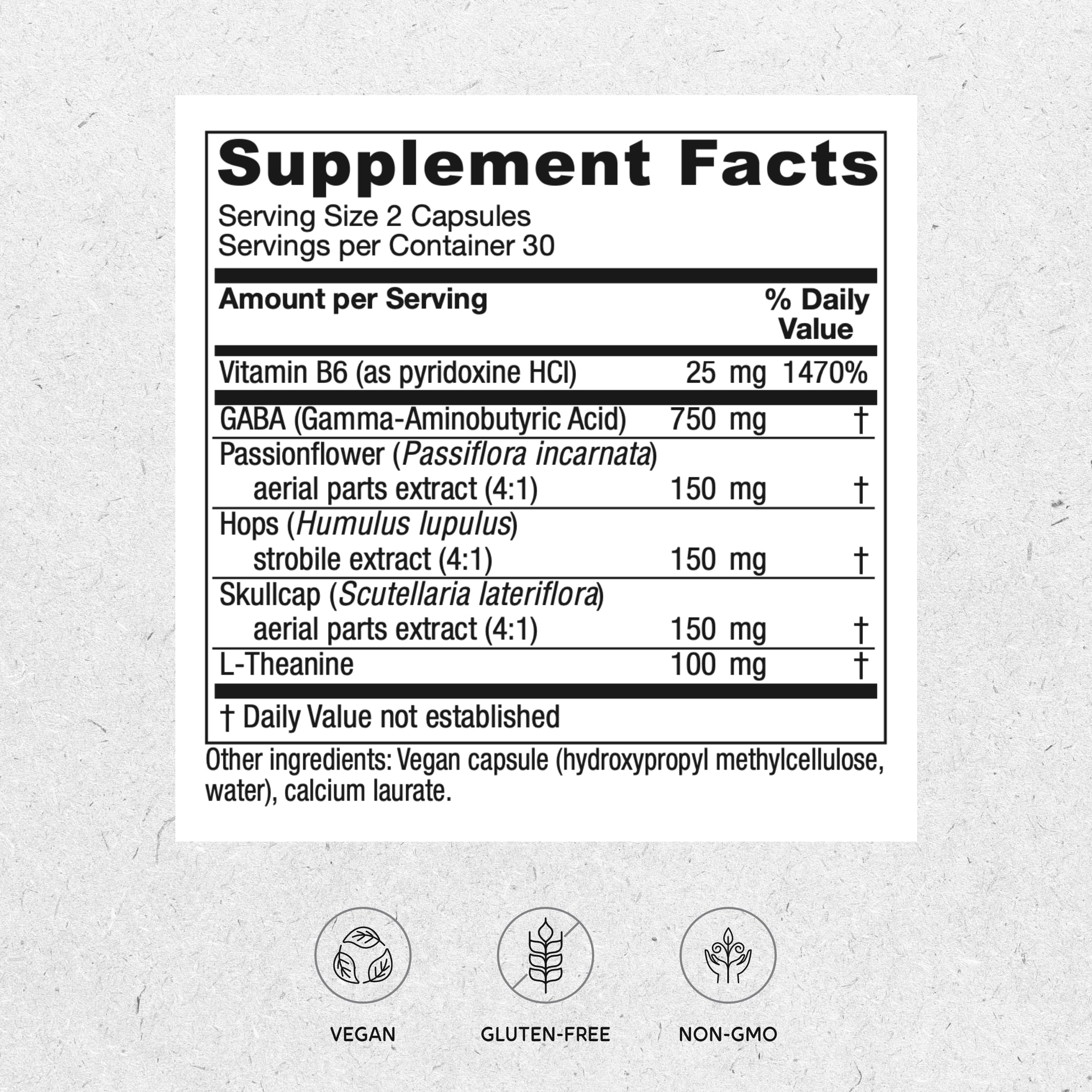 Etiqueta de Vitanica GABA Ease con ingredientes clave para la relajación.