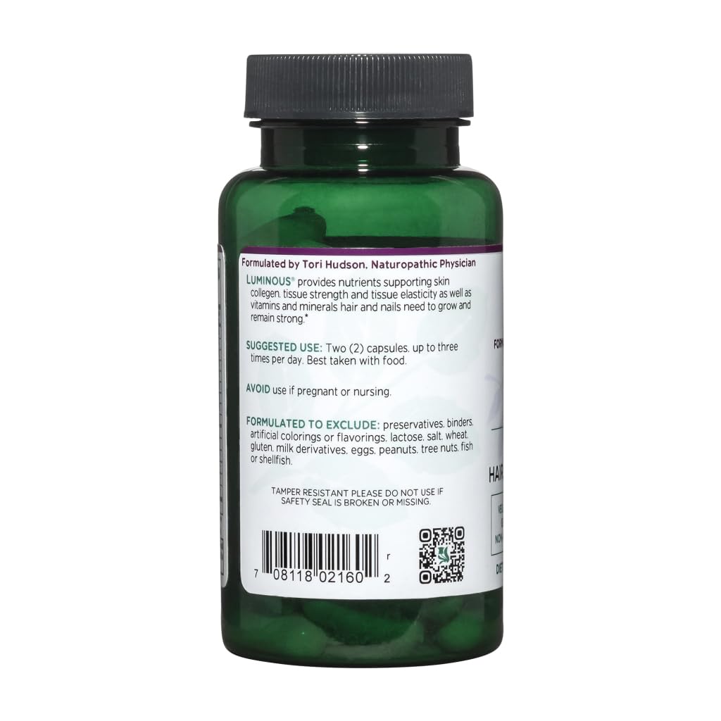 Etiqueta de Vitanica Luminous resalta ingredientes botánicos beneficiosos para piel y cabello.