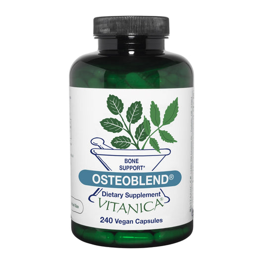 Frasco de Vitanica OsteoBlend para apoyo óseo diario.