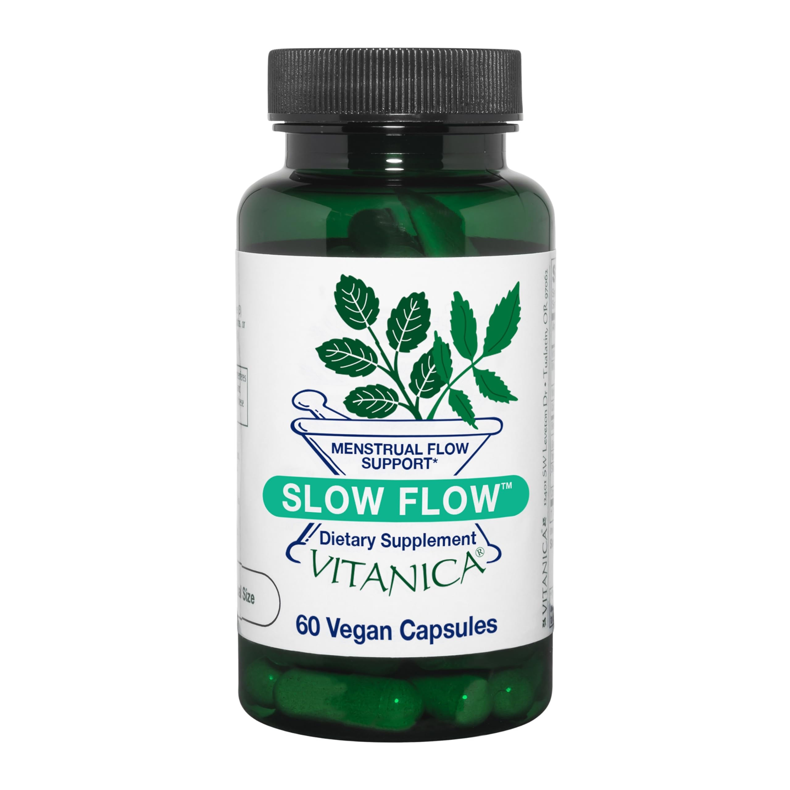 Vitanica Slow Flow vista frontal del frasco con diseño claro y sello vegano