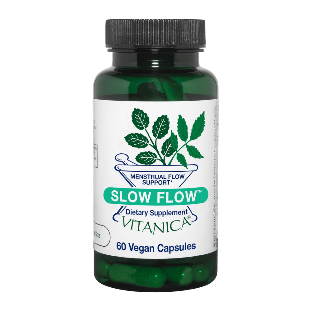Vitanica Slow Flow vista frontal del frasco con diseño claro y sello vegano
