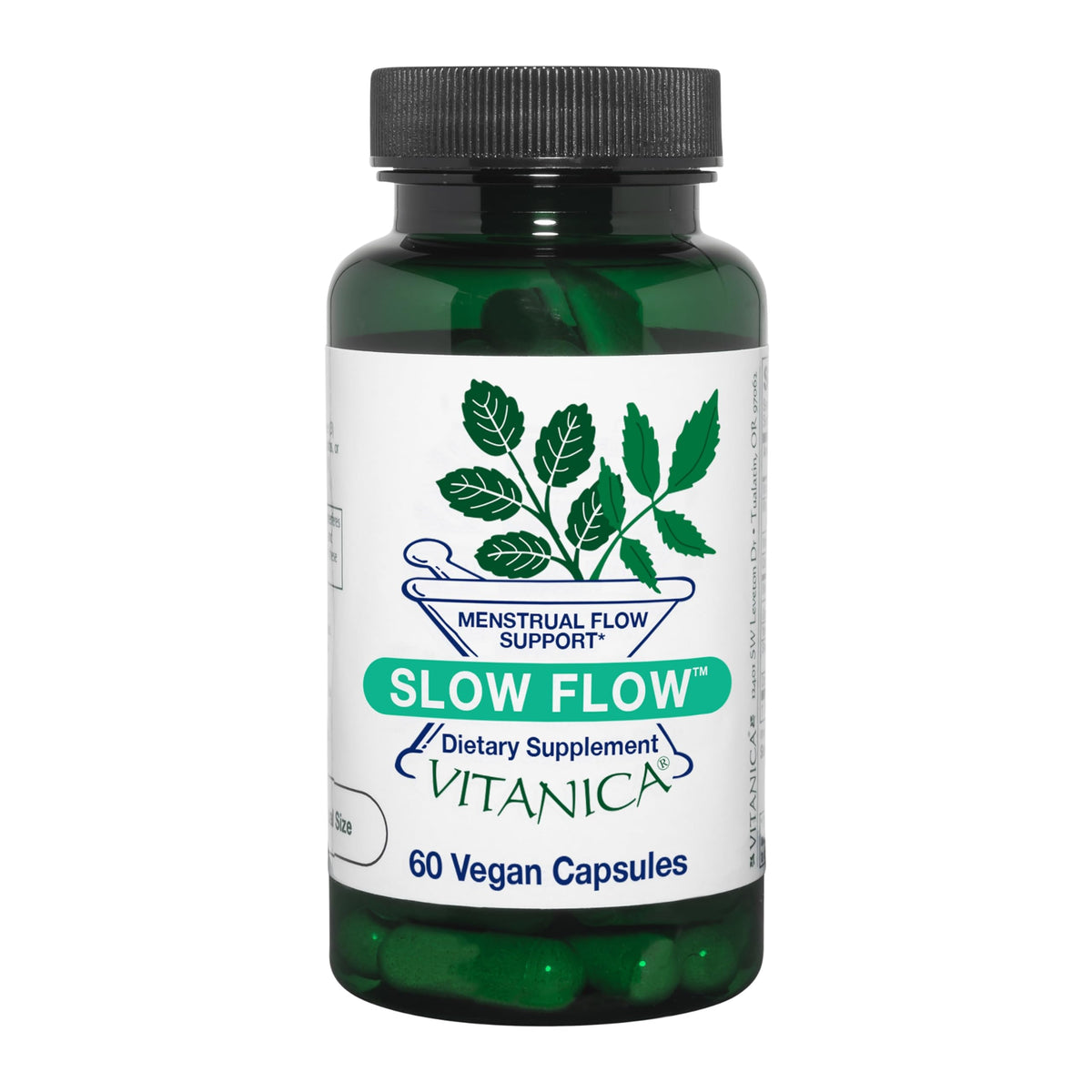 Vitanica Slow Flow vista frontal del frasco con diseño claro y sello vegano