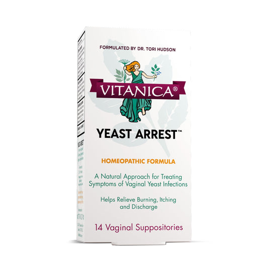 Vitanica paquete frontal mostrando 14 supositorios y beneficios