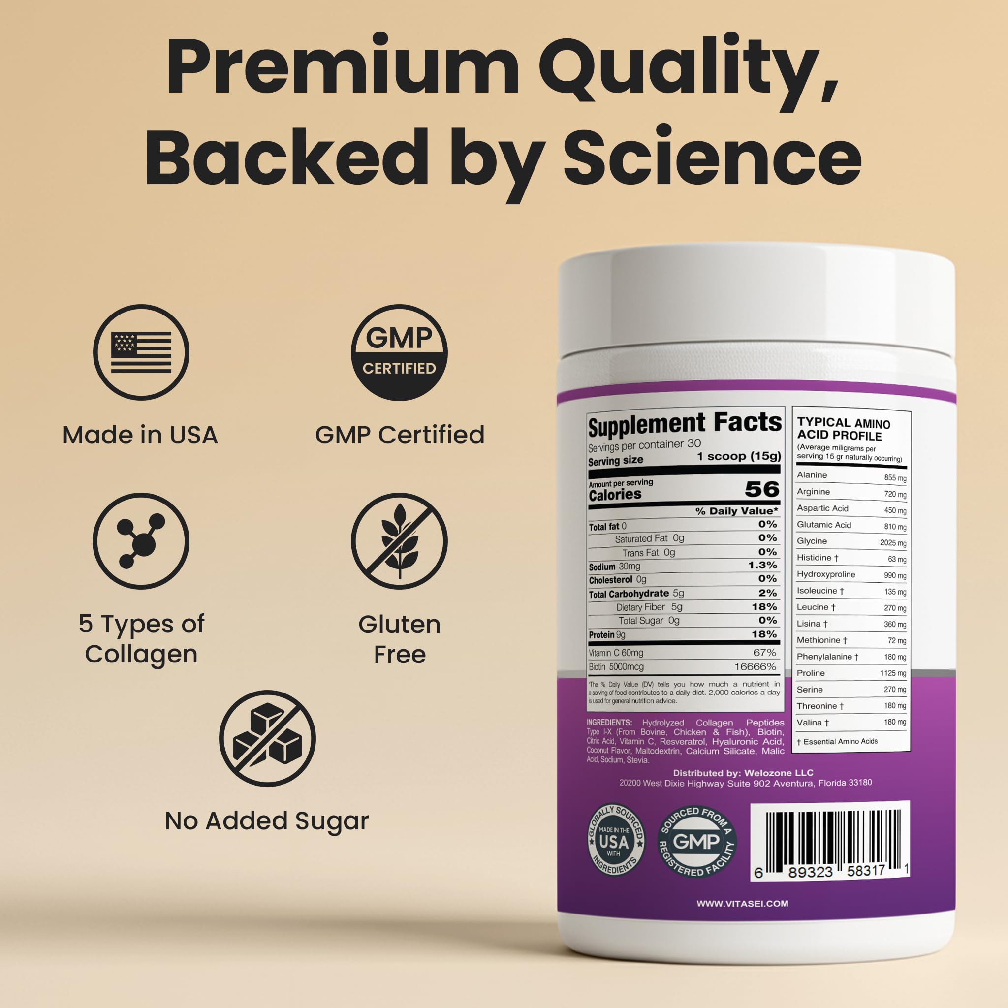 VITASEI etiqueta con ingredientes describiendo tipos de colágeno y activos