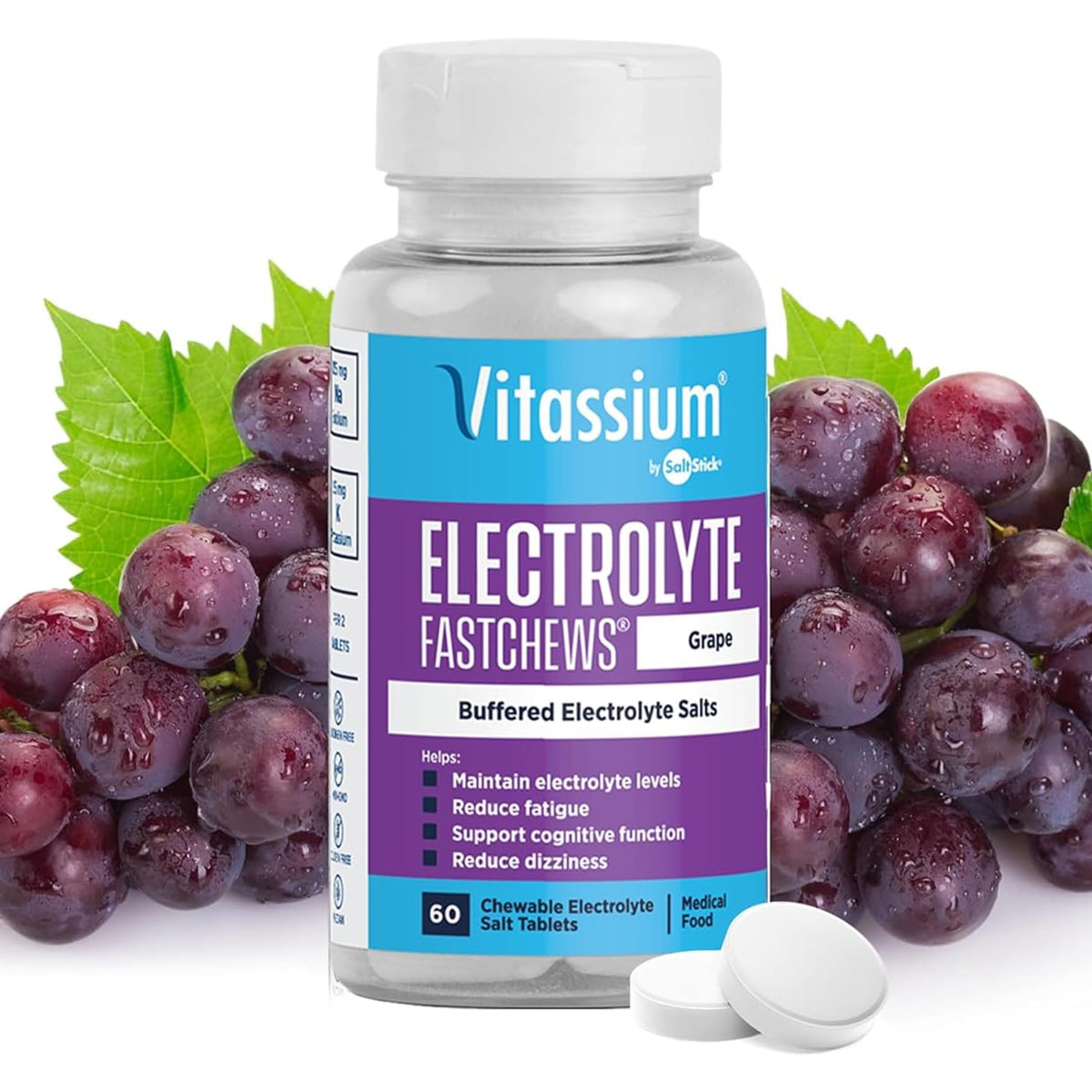 Vitassium FastChews frente del paquete mostrando envase y sabor uva, conveniencia inmediata